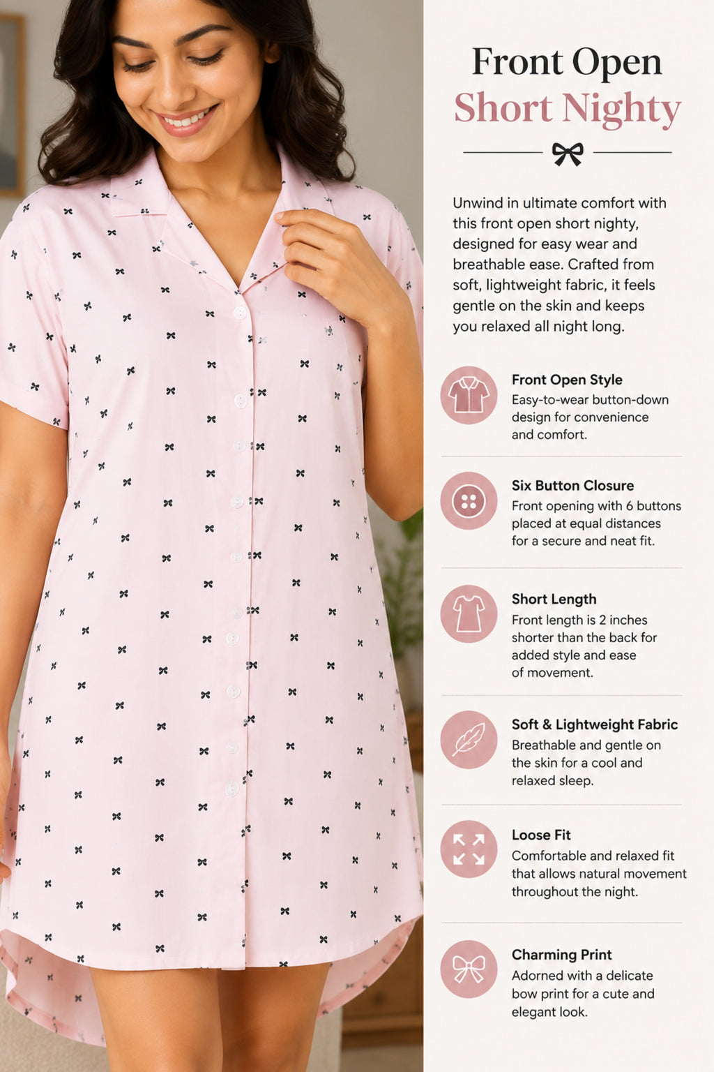 Women Front Open Short Nighty | Button Down Night Dress for Women | Comfortable Sleepwear | Loose Fit Short Nightwear | Soft Lounge Wear for Women | Everyday Night Dress
