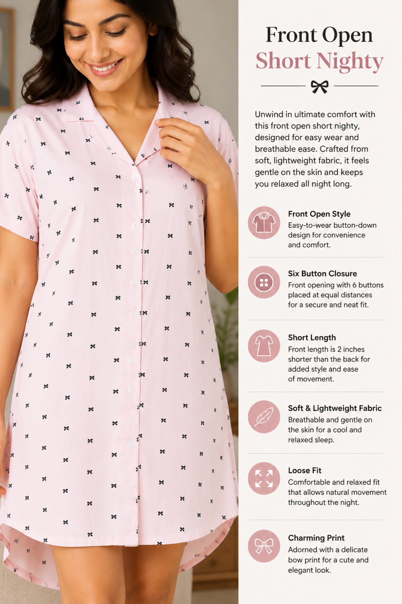 Women Front Open Short Nighty | Button Down Night Dress for Women | Comfortable Sleepwear | Loose Fit Short Nightwear | Soft Lounge Wear for Women | Everyday Night Dress