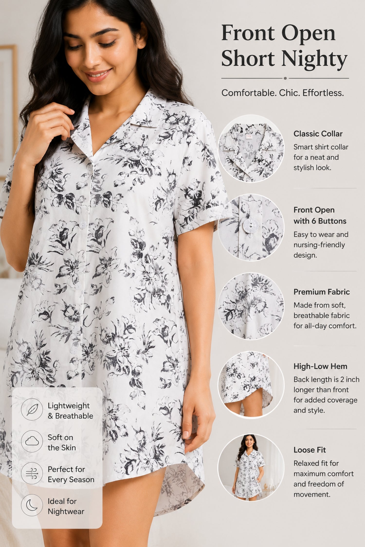 Women Front Open Short Nighty | Button Down Night Dress for Women | Comfortable Sleepwear | Loose Fit Short Nightwear | Soft Lounge Wear for Women | Everyday Night Dress