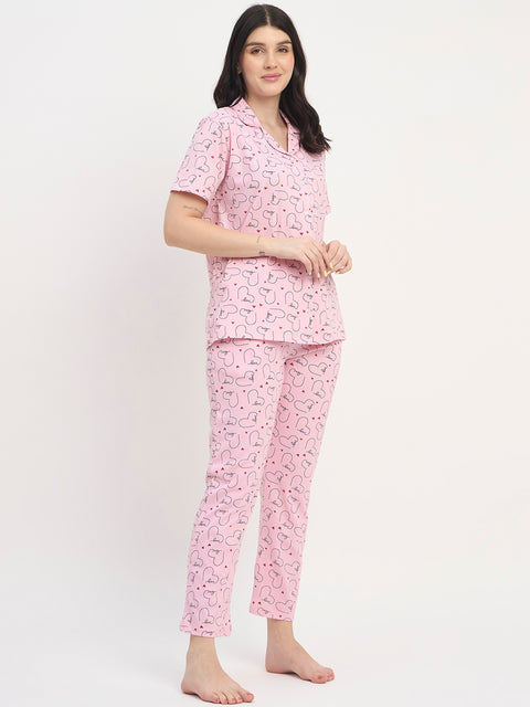 Women's Printed Nightsuit Pajama Set, Short Sleeve Button-Down Top with Pants, Cotton Nightwear, D.Pink