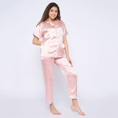 Women's Satin Pyjama Set, Short Sleeve Button-Down Shirt with Full Length Pyjama