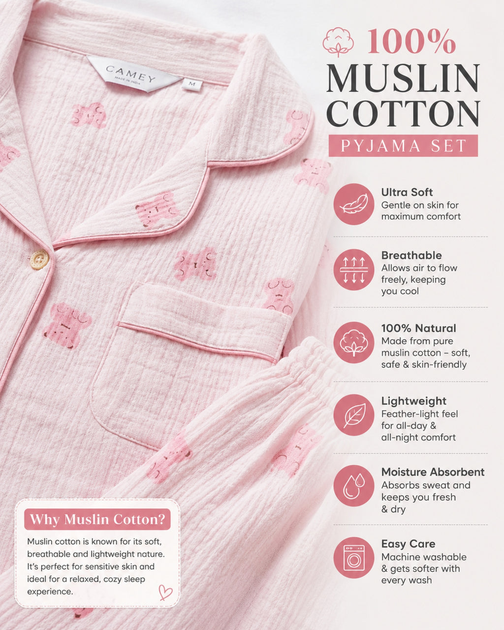 Women Night Suit Cotton Muslin Pyjama Set | Soft Printed Full Sleeve Sleepwear