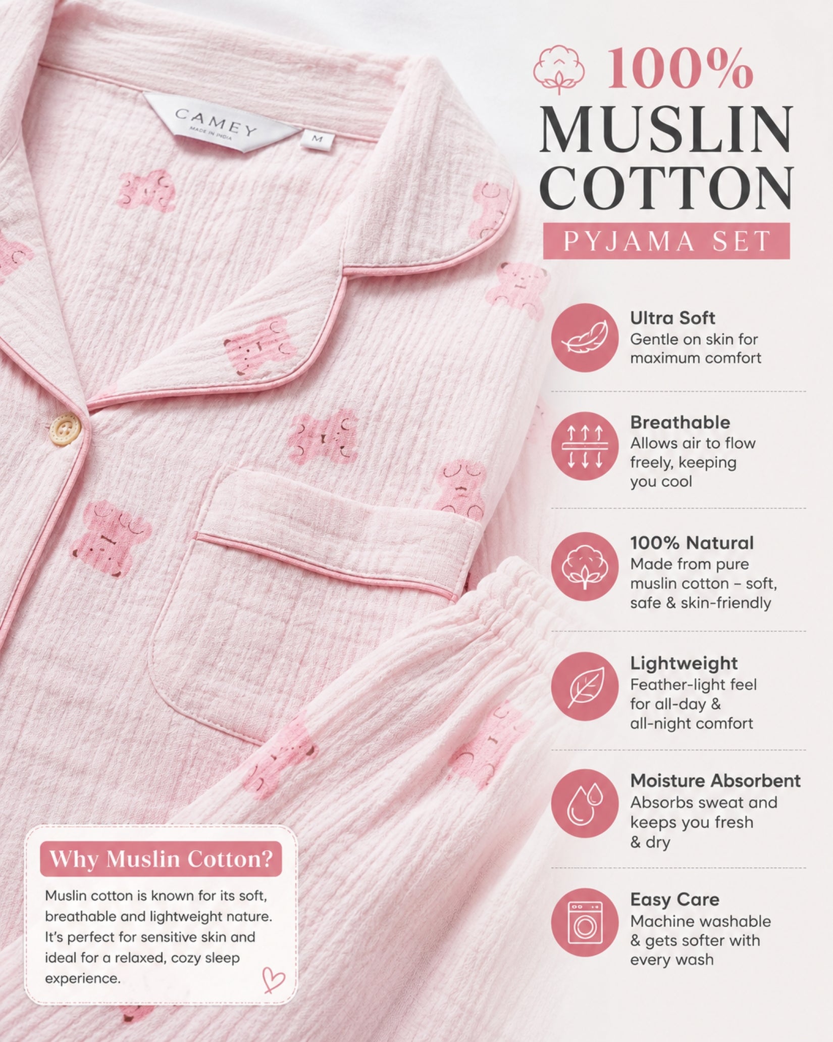 Women Night Suit Cotton Muslin Pyjama Set | Soft Printed Full Sleeve Sleepwear