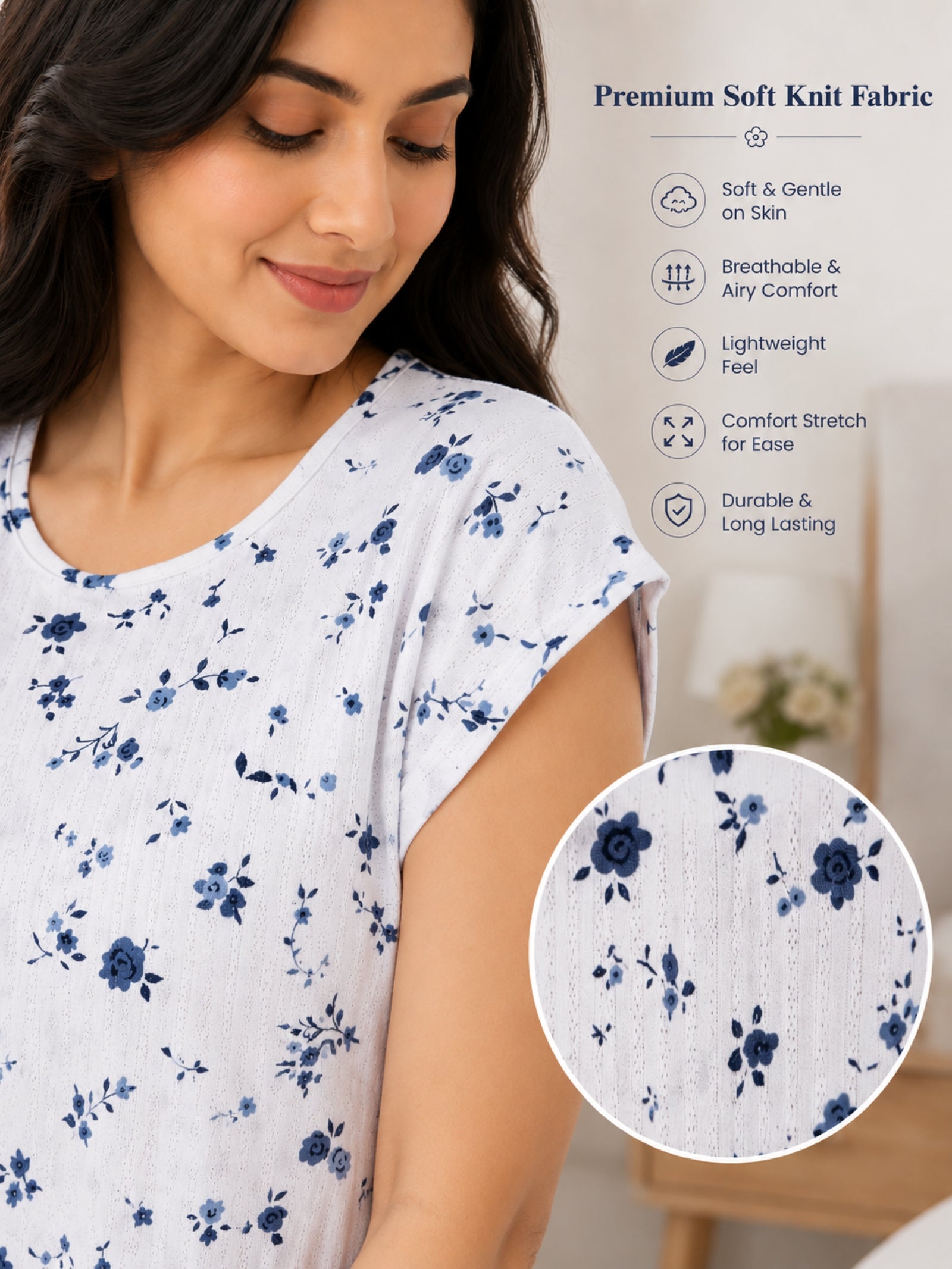 Women’s Knee Length Nighty | Soft Comfortable Sleepwear | Cap Sleeve Short Night Dress