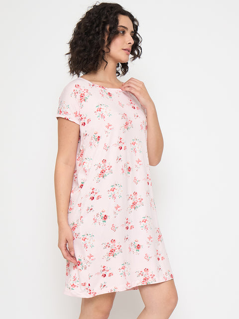 Women's Printed Nightgown, Short Sleeve Sleep Dress, Short Length, Short Nighty, Pink Red