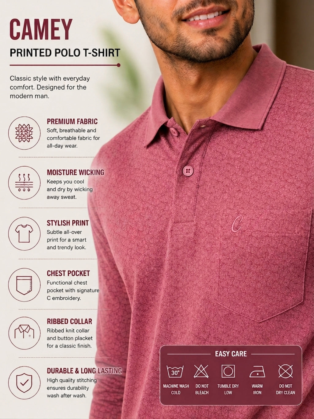 Camey Men's Printed Full Sleeve Polo T-Shirt For Men with Chest Pocket