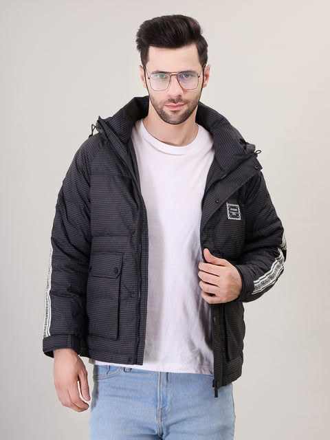 Black Stand Collar with hood Puffer Jacket for Mens