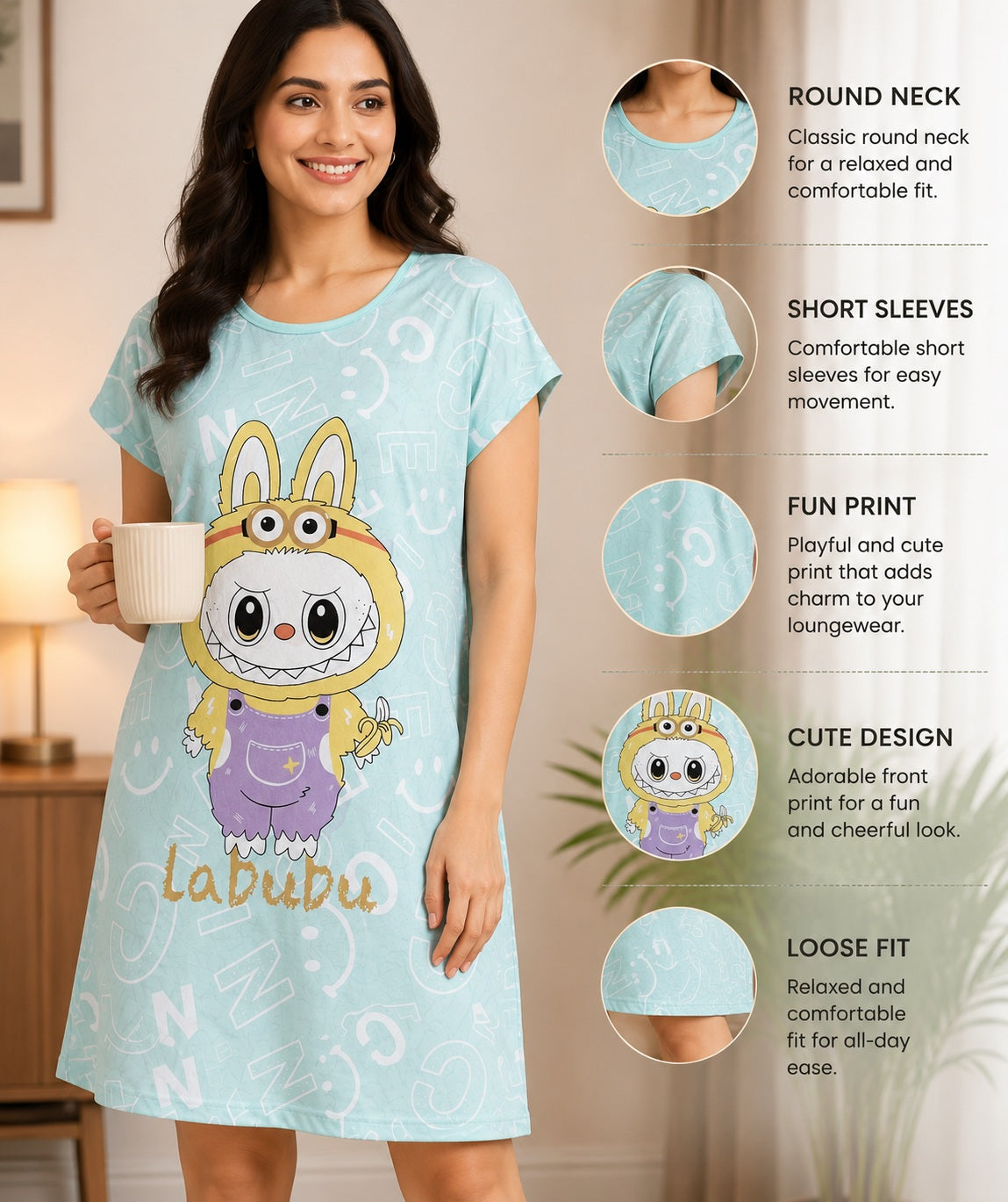 Women's Cute Cartoon Printed Knee Length Nighty | Soft Comfortable Loose Fit Short Sleeve Nighty for Women