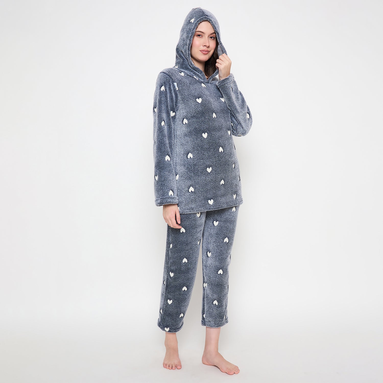 Women's Winter Glow in Dark Printed Full Sleeve Hooded Top, Pajama Pants with Pockets