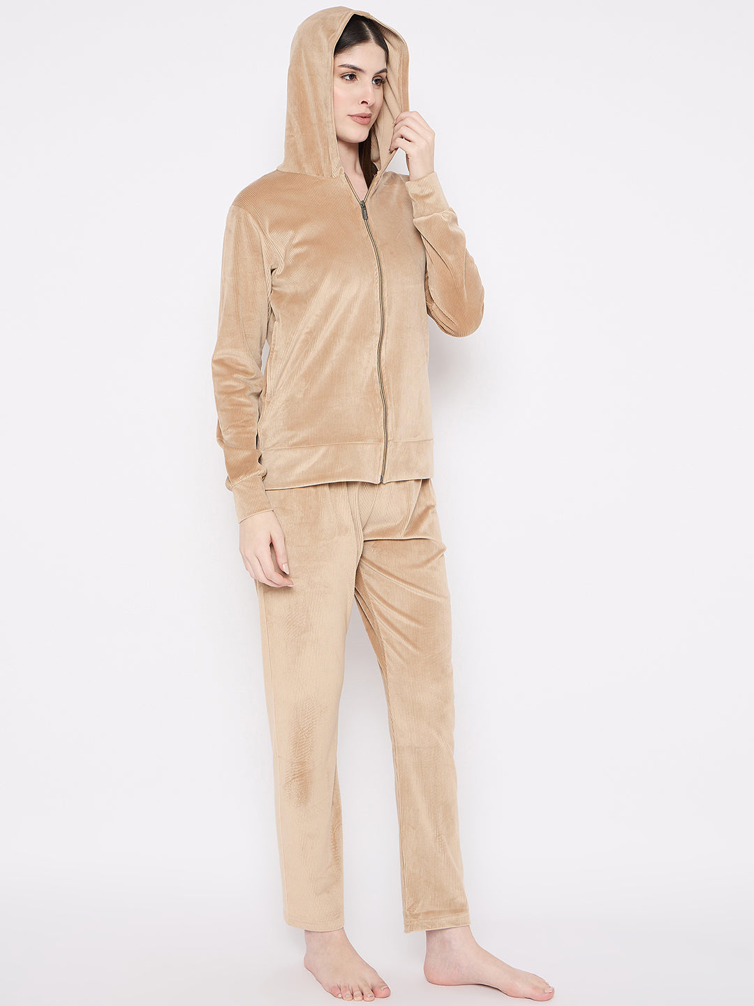 Women's Winter Full Sleeve Top and Pajama Pants Regular Fit Night Suit Hooded Top and Pyjama Set Ladies Night Dress