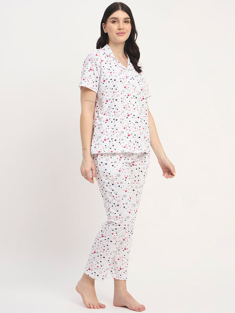 Women's Printed Nightsuit Pajama Set, Short Sleeve Button-Down Top with Pants, Cotton Nightwear, White