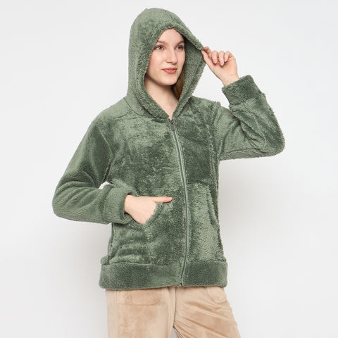 Women Solid Hooded Sherpa Fleece Sweatshirt