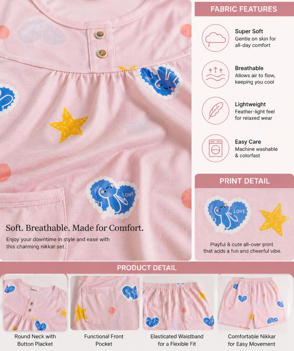 Camey Women’s Short Nightwear Set | Soft Printed Top & Knee-Length Shorts | Breathable Summer Sleepwear for Ladies