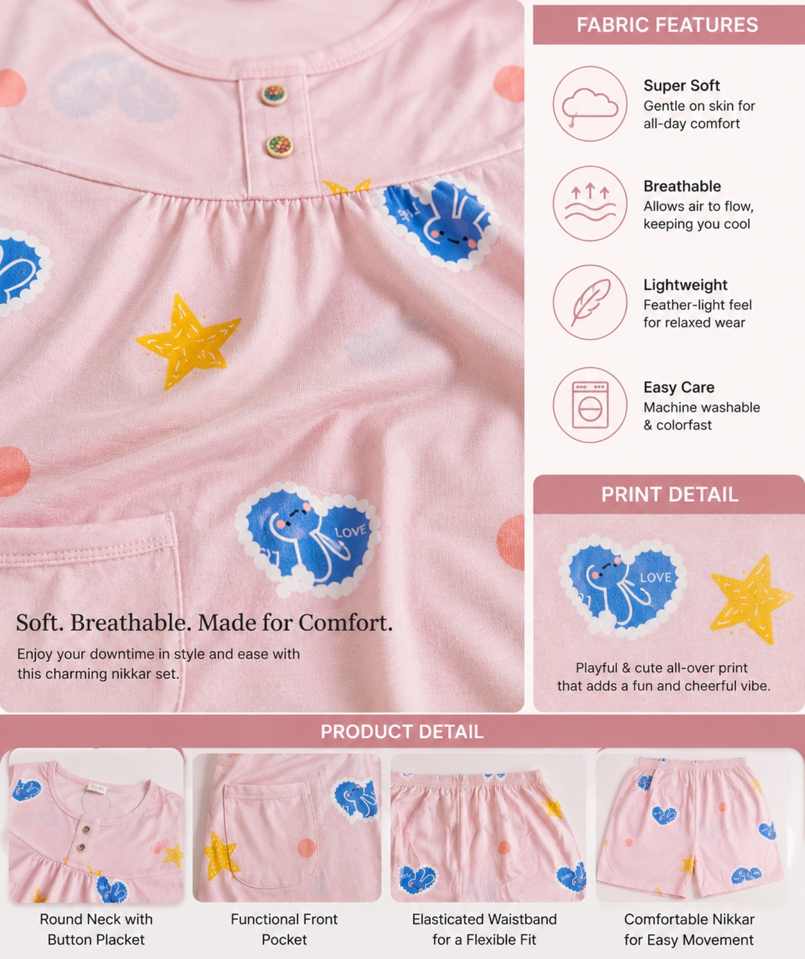 Camey Women’s Short Nightwear Set | Soft Printed Top & Knee-Length Shorts | Breathable Summer Sleepwear for Ladies