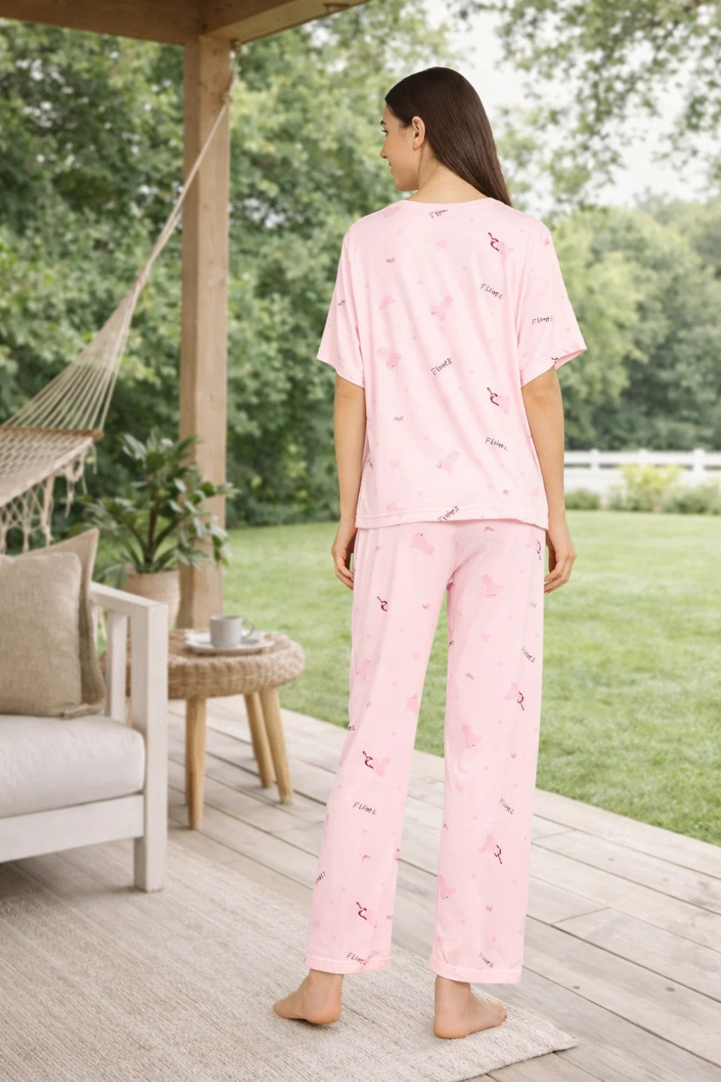Women Night Suit Pink Printed Cotton Co-Ord Pyjama Set with Frill Detail