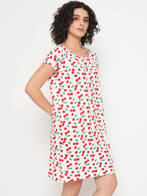 Women's Printed Nightgown, Short Sleeve Sleep Dress, Short Length, Short Nighty, Cream Red