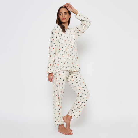 Women's Printed Full Sleeve Round Neck Top and Pajama Pants with Pockets