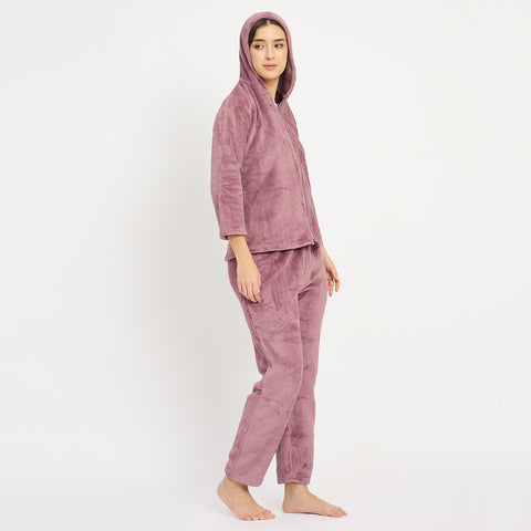 Women's Winter Full Sleeve Jacquard Zipper Hoody Nightsuit