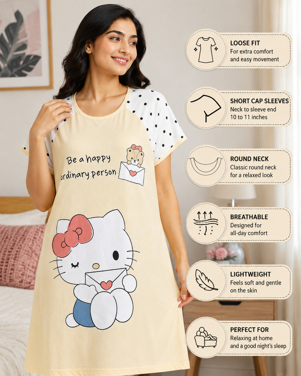 Women's Cute Cartoon Printed Knee Length Nighty | Soft Comfortable Loose Fit Short Sleeve Nighty for Women