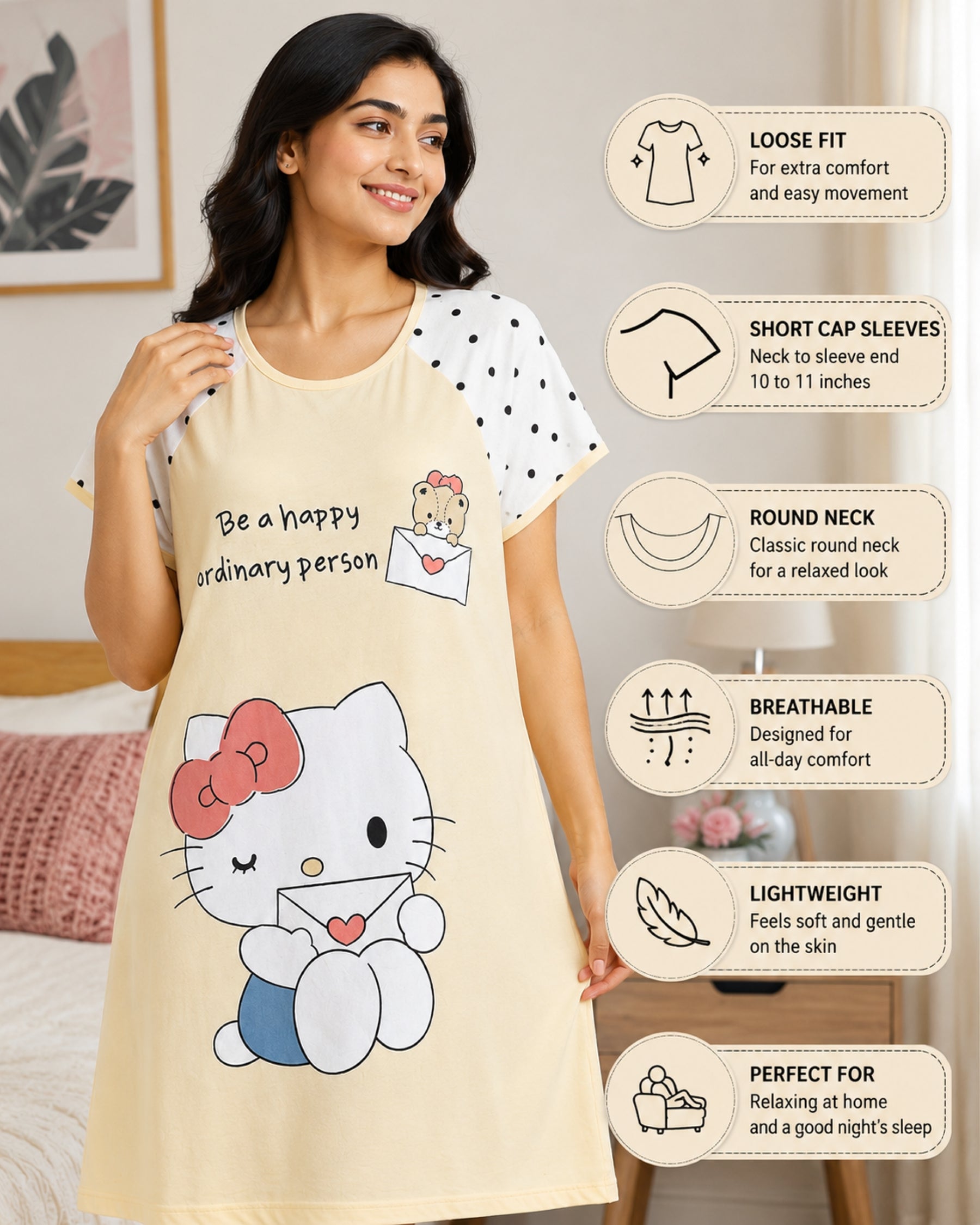 Women's Cute Cartoon Printed Knee Length Nighty | Soft Comfortable Loose Fit Short Sleeve Nighty for Women