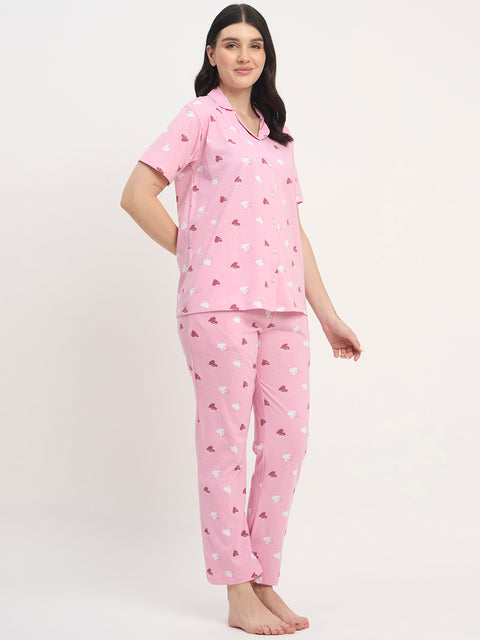 Women's Printed Nightsuit Pajama Set, Short Sleeve Button-Down Top with Pants, Cotton Nightwear, Pink