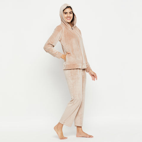 Women's Winter Full Sleeve Top and Pajama Pants Regular Fit Night Suit Hooded Top and Pyjama Set Ladies Night Dress