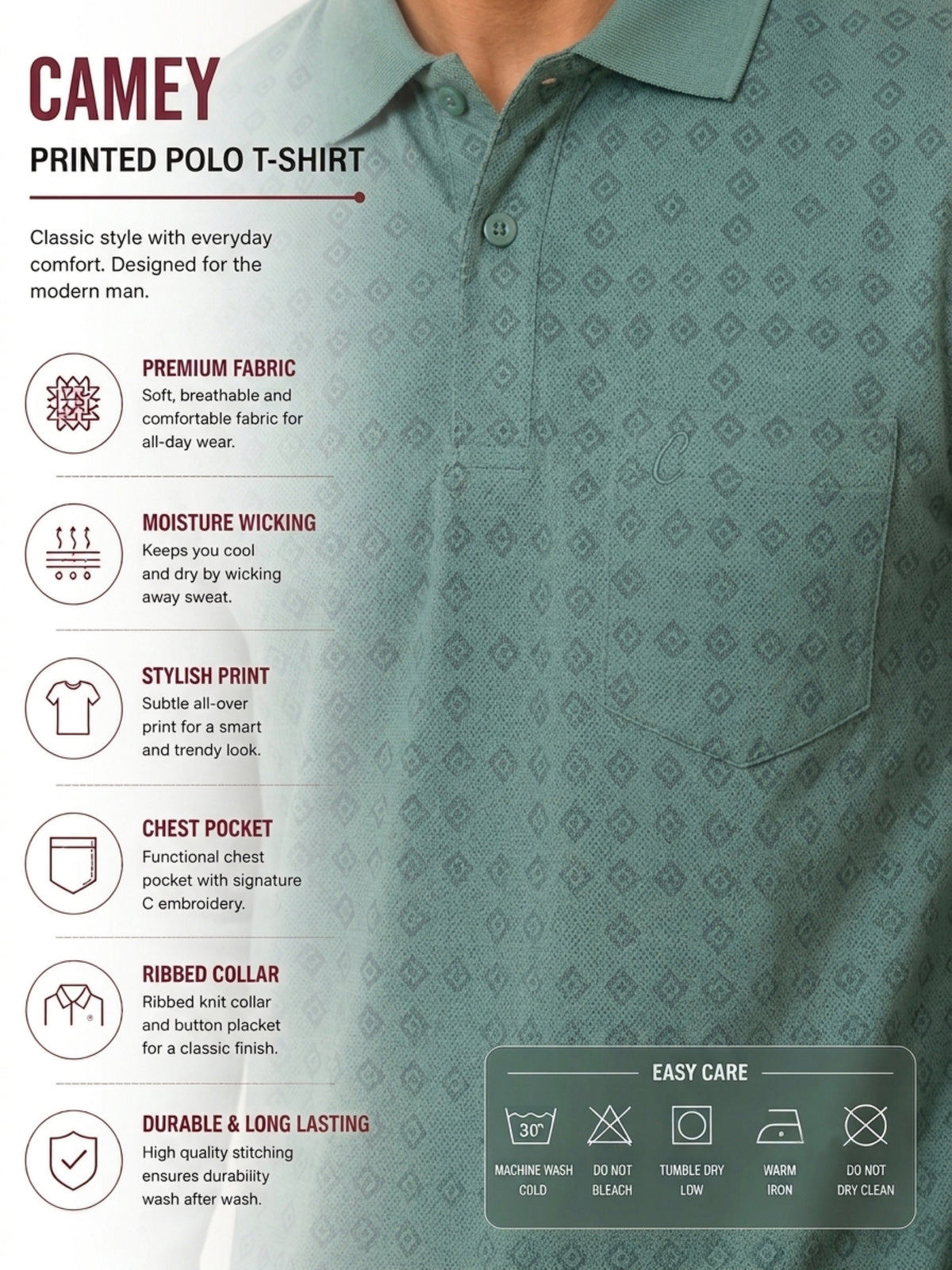 Camey Men's Printed Full Sleeve Polo T-Shirt For Men with Chest Pocket