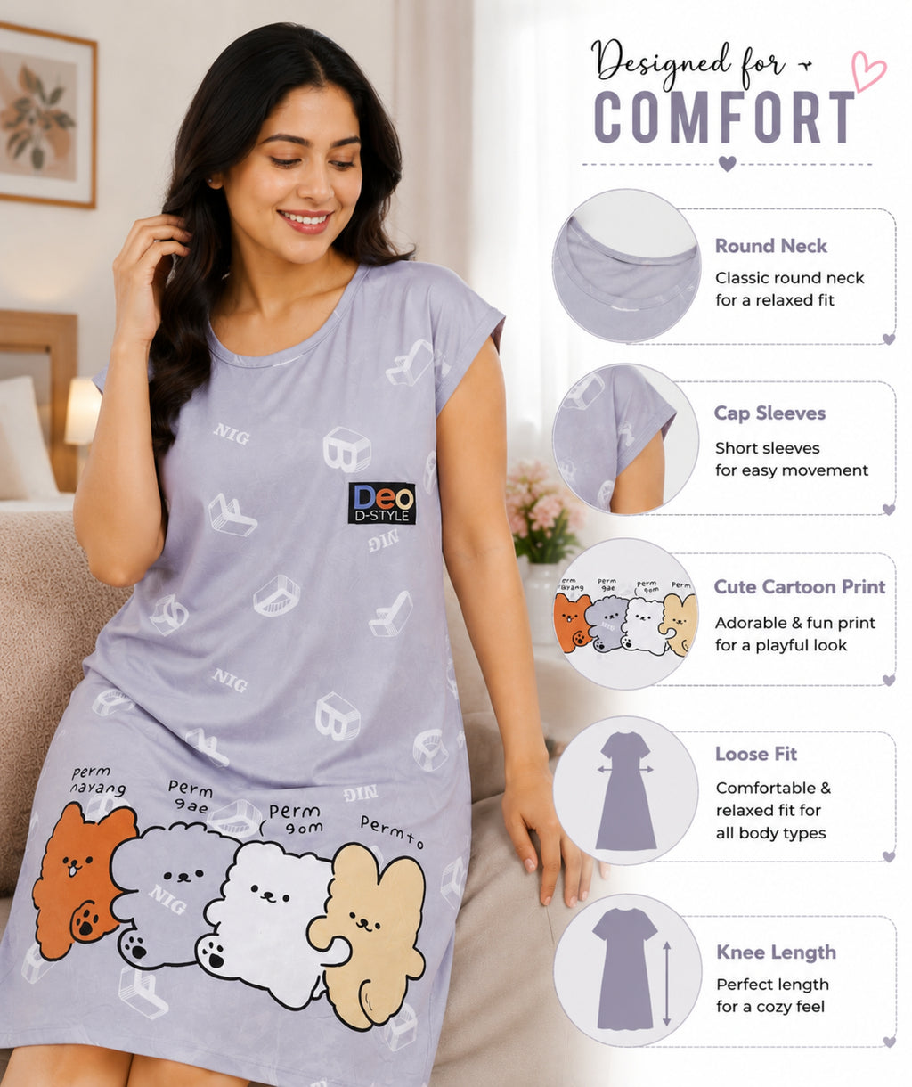 Women's Cute Cartoon Printed Knee Length Nighty | Soft Comfortable Loose Fit Short Sleeve Nighty for Women