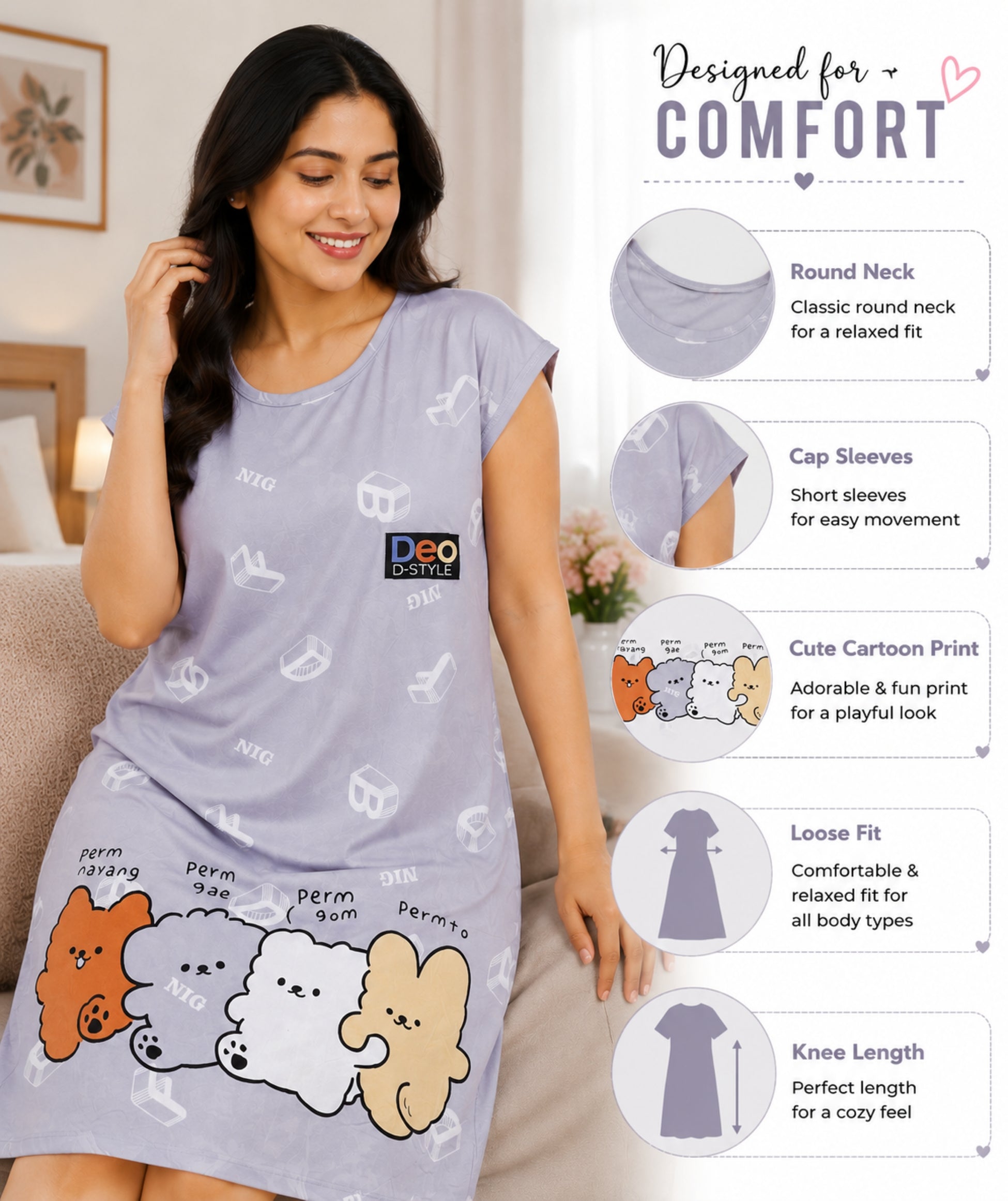 Women's Cute Cartoon Printed Knee Length Nighty | Soft Comfortable Loose Fit Short Sleeve Nighty for Women