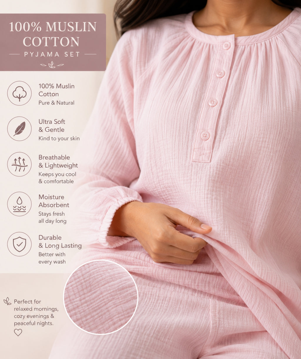 Women Night Suit Cotton Muslin Pyjama Set | Soft Printed Full Sleeve Sleepwear
