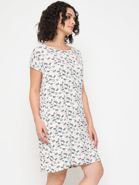 Women's Printed Nightgown, Short Sleeve Sleep Dress, Short Length, Short Nighty, White Grey