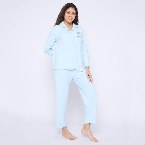 Women's Cotton Pyjama Set, Long Sleeve Button-Down Top with Pants, Sleepwear, Blue