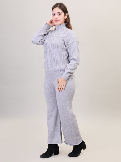 Women's Long Sleeve High Neck woolen Grey Co-Ord Set