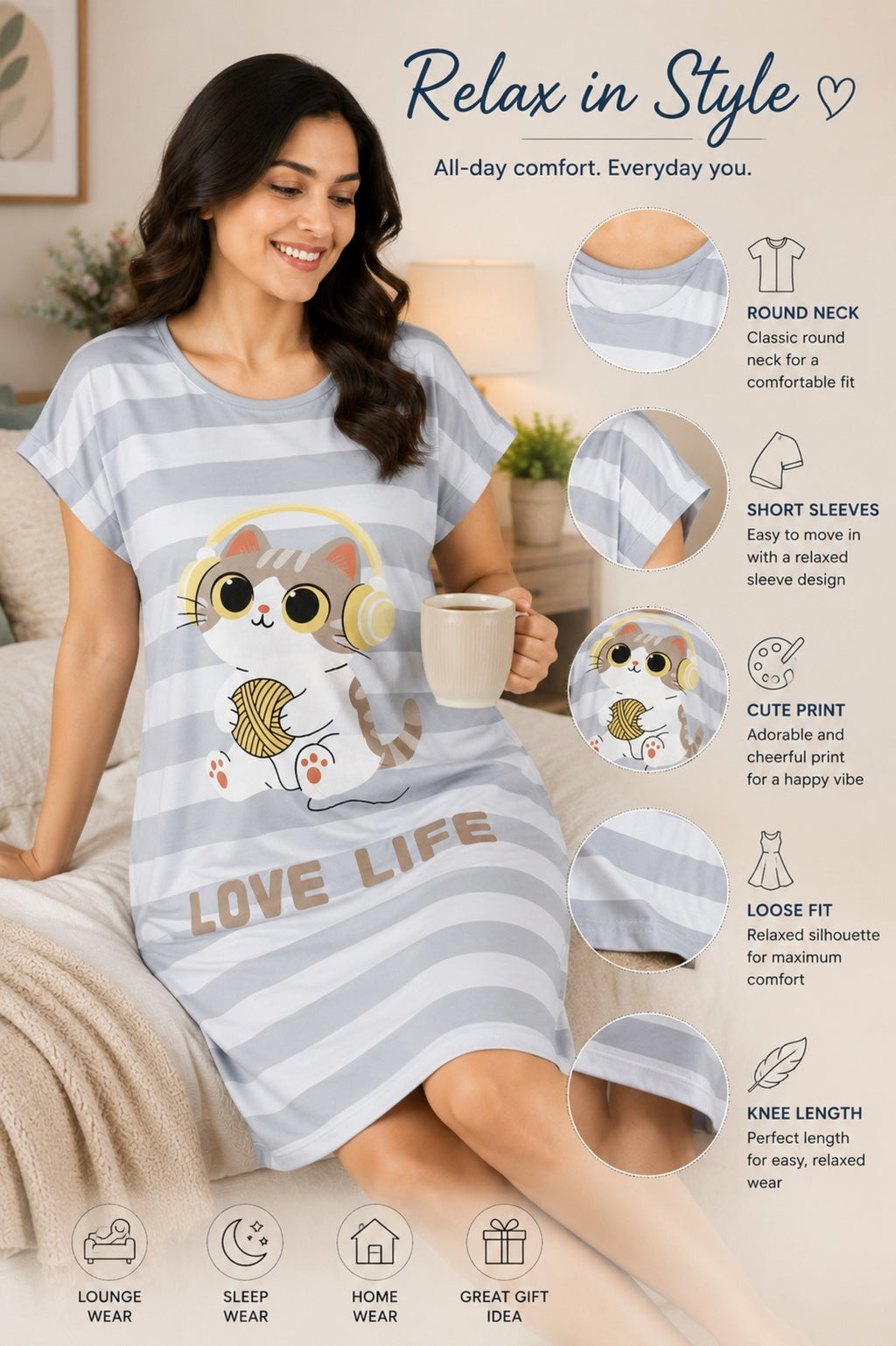Women's Cute Cartoon Printed Knee Length Nighty | Soft Comfortable Loose Fit Short Sleeve Nighty for Women