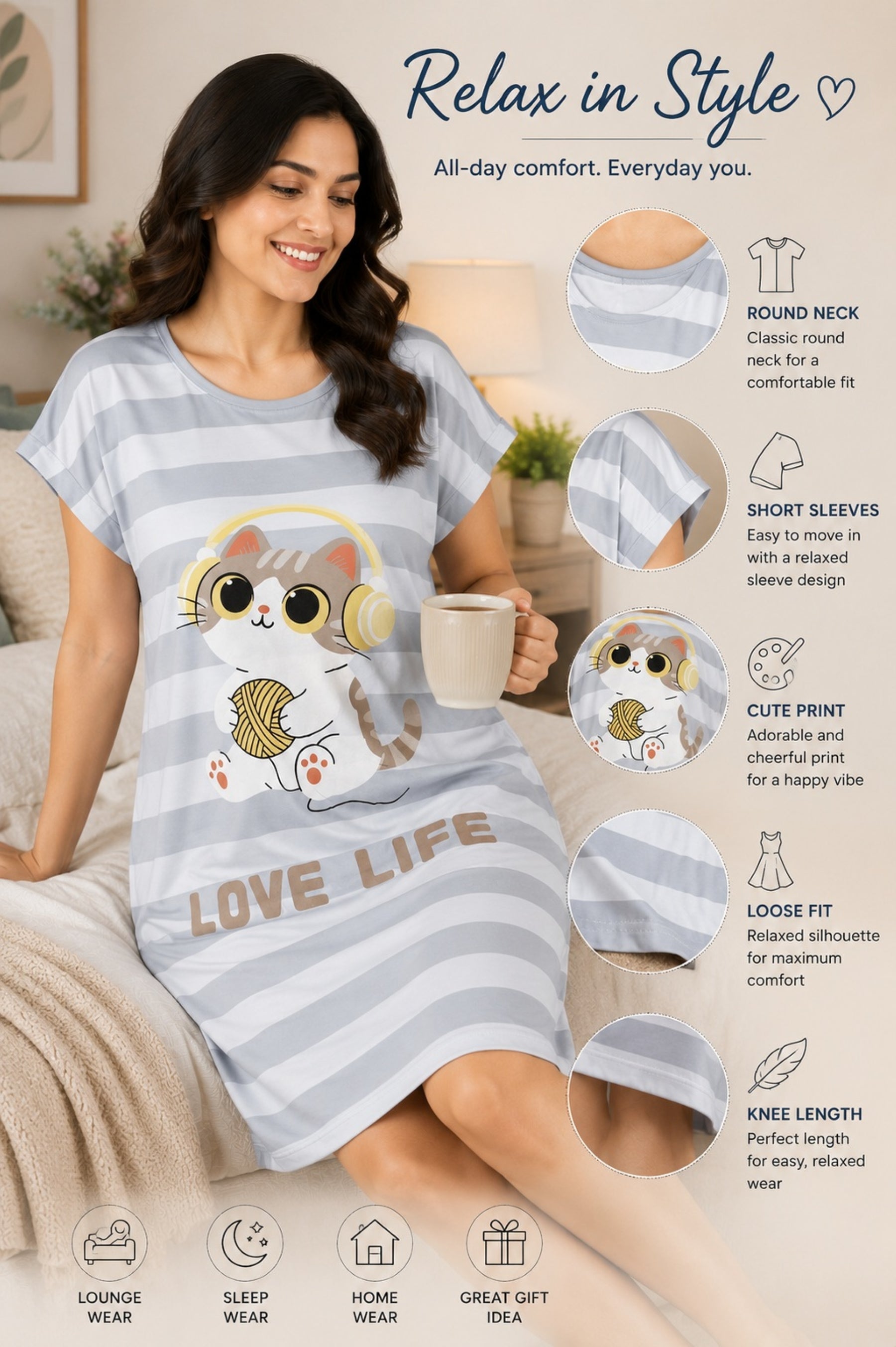Women's Cute Cartoon Printed Knee Length Nighty | Soft Comfortable Loose Fit Short Sleeve Nighty for Women