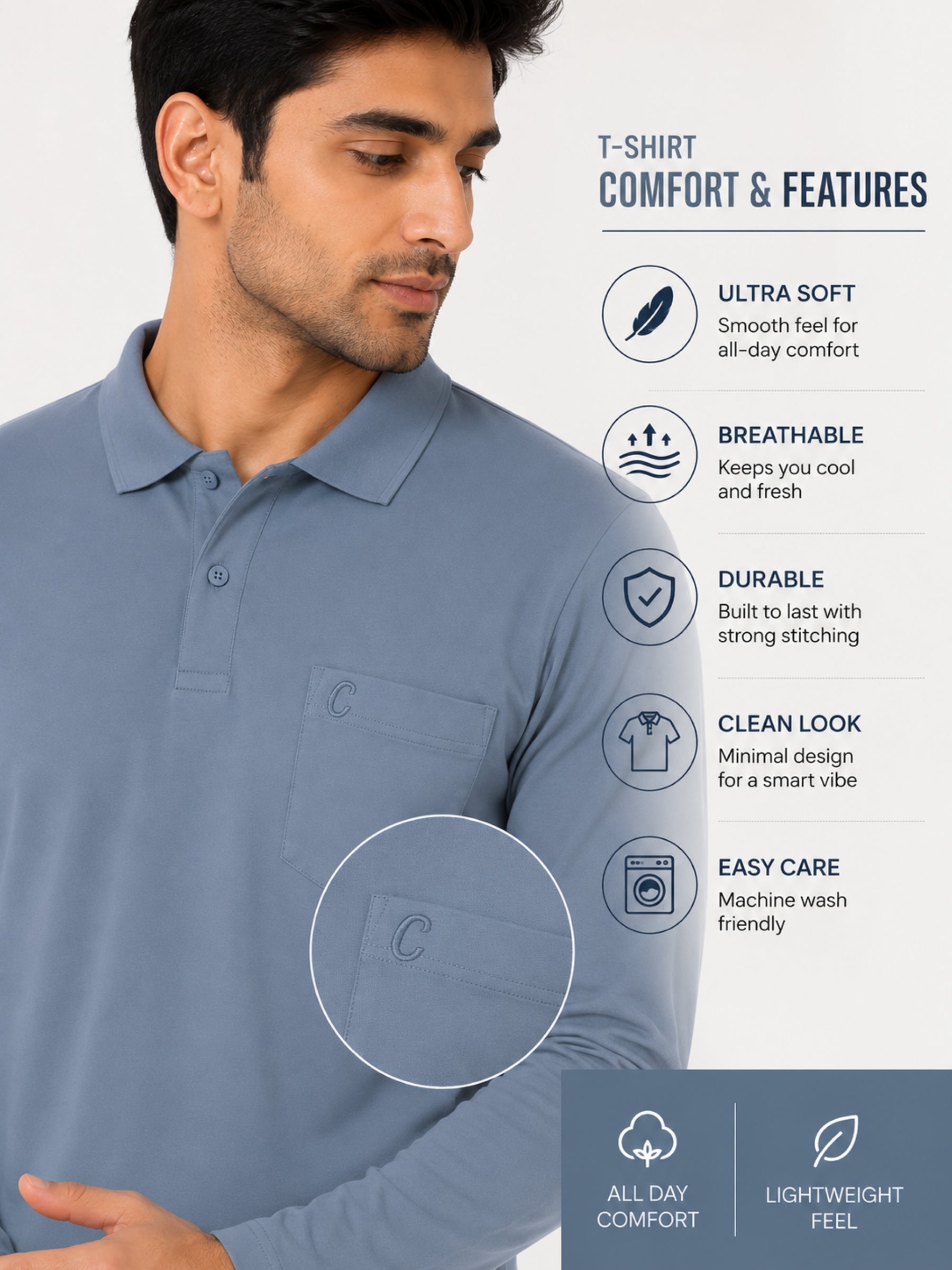 Camey Men's Plain Solid Full Sleeve Polo T-Shirt | Collared Casual Cotton Blend Tee with Chest Pocket