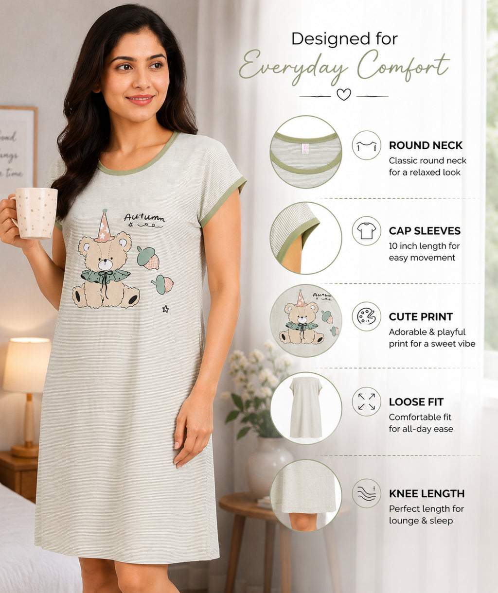 Women's Cute Cartoon Printed Knee Length Nighty | Soft Comfortable Loose Fit Short Sleeve Nighty for Women