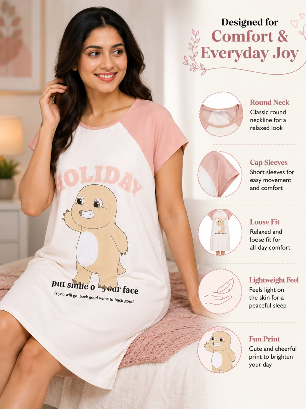 Women's Cute Cartoon Printed Knee Length Nighty | Soft Comfortable Loose Fit Short Sleeve Nighty for Women