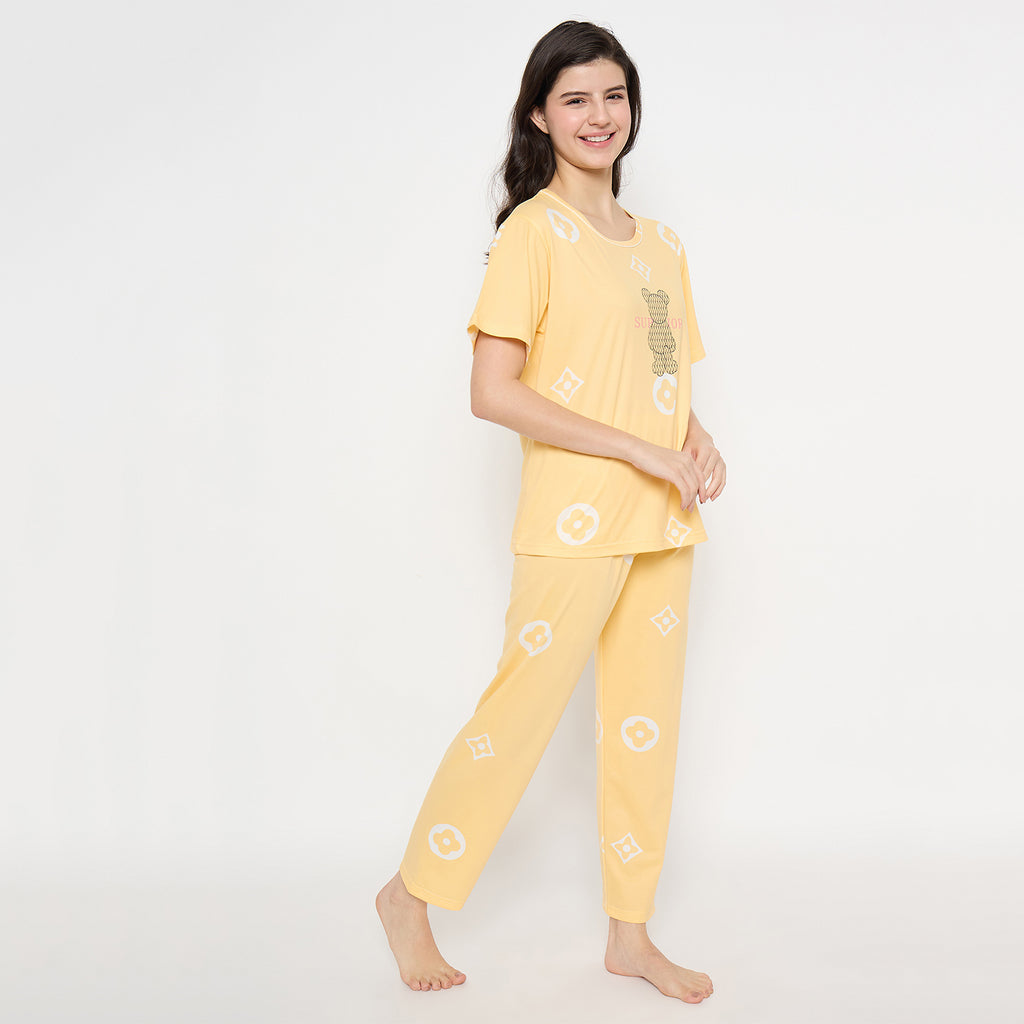 Camey Women Night Suit – Soft Cotton Printed Night Suit for Women | Stylish Sleepwear & Pyjama Set, Yellow