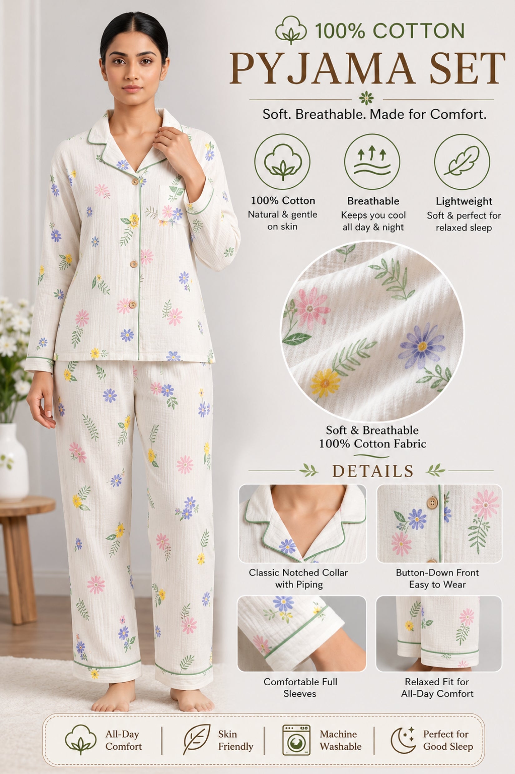 Women Night Suit Cotton Muslin Pyjama Set | Soft Printed Full Sleeve Sleepwear
