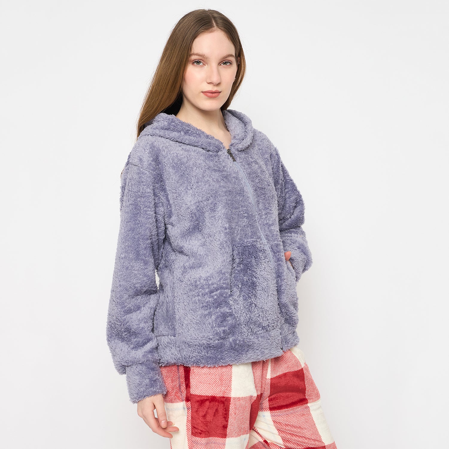Women Solid Hooded Sherpa Fleece Sweatshirt