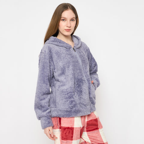 Women Solid Hooded Sherpa Fleece Sweatshirt