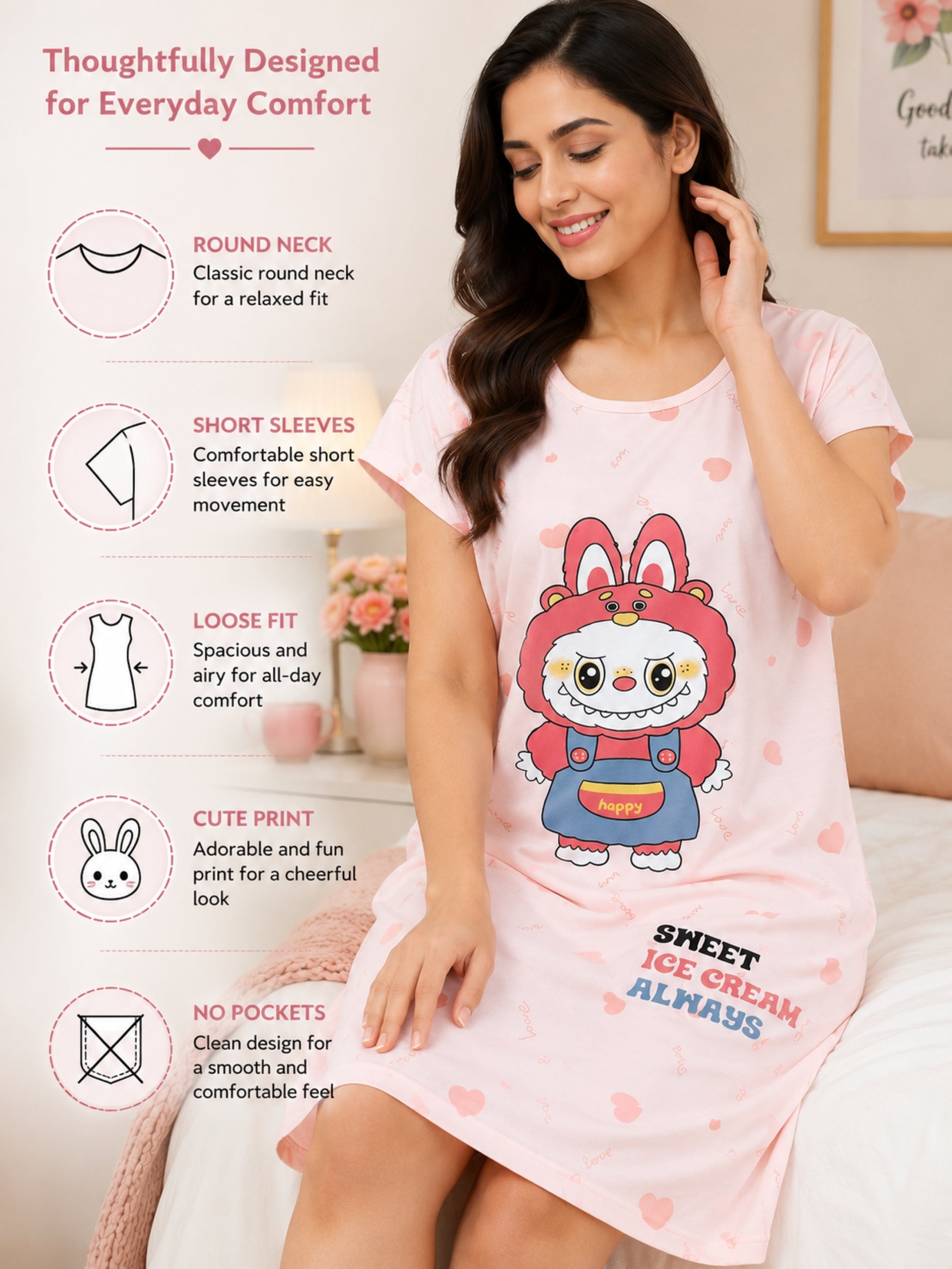 Women's Cute Cartoon Printed Knee Length Nighty | Soft Comfortable Loose Fit Short Sleeve Nighty for Women
