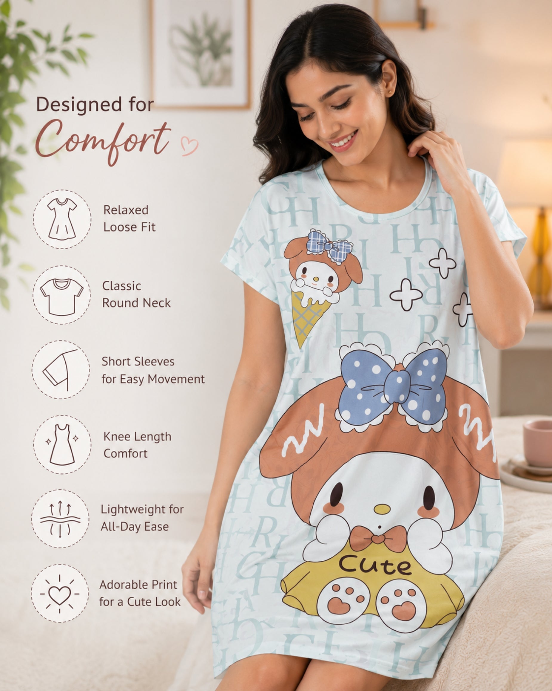 Women's Cute Cartoon Printed Knee Length Nighty | Soft Comfortable Loose Fit Short Sleeve Nighty for Women