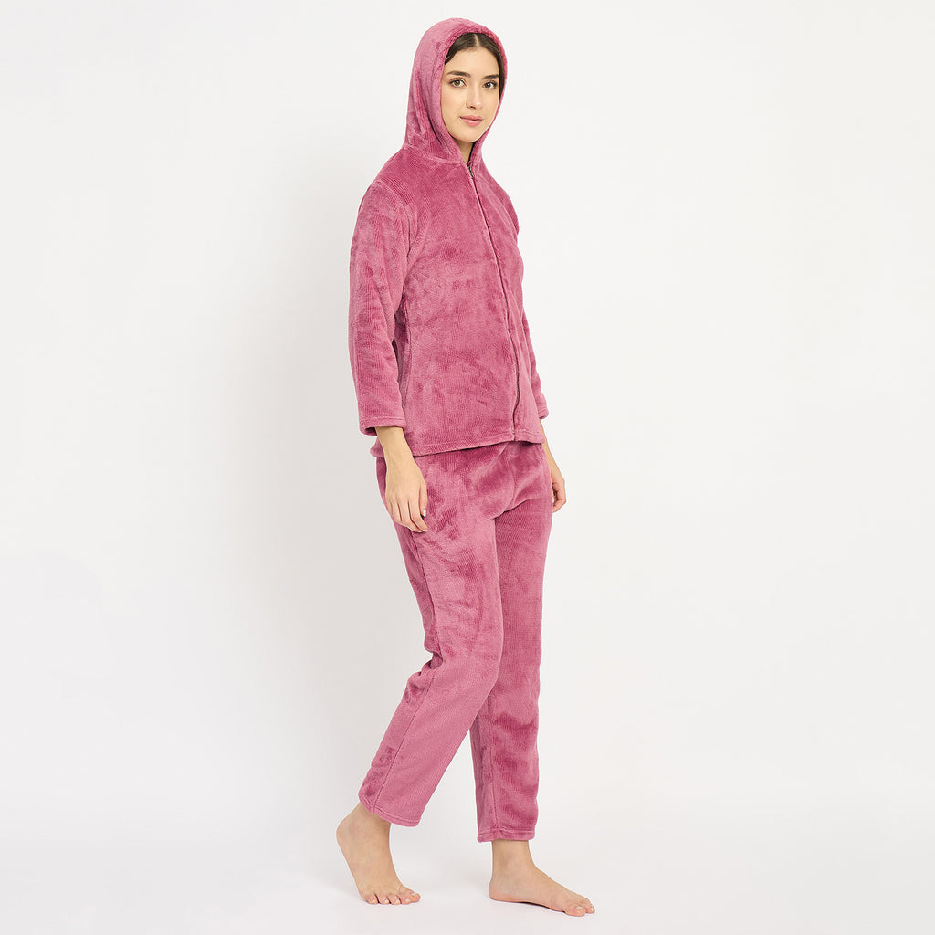 Women's Winter Full Sleeve Jacquard Zipper Hoody Nightsuit