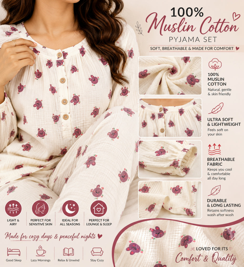 Women Night Suit Cotton Muslin Pyjama Set | Soft Printed Full Sleeve Sleepwear