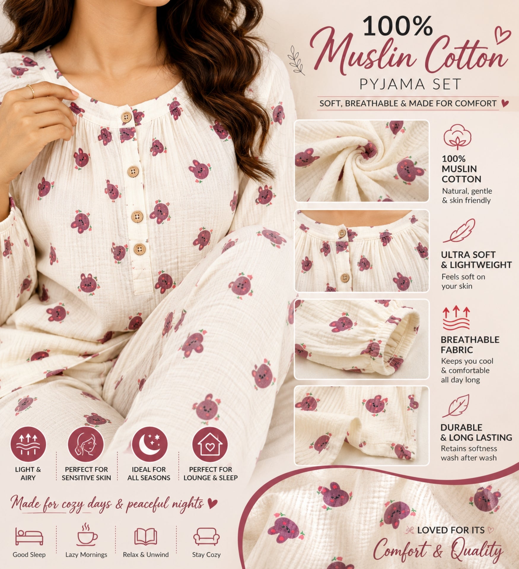 Women Night Suit Cotton Muslin Pyjama Set | Soft Printed Full Sleeve Sleepwear