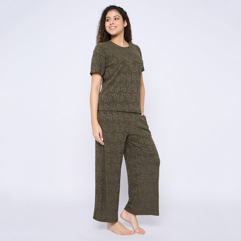Top and Pyjama Set for Women Nightwear, Dark Green