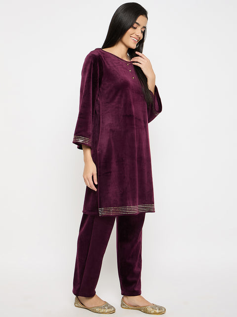 Women's Velvet Winter Kurti Set, Long Sleeves|Winter Velvet Kurti & Pajama Set