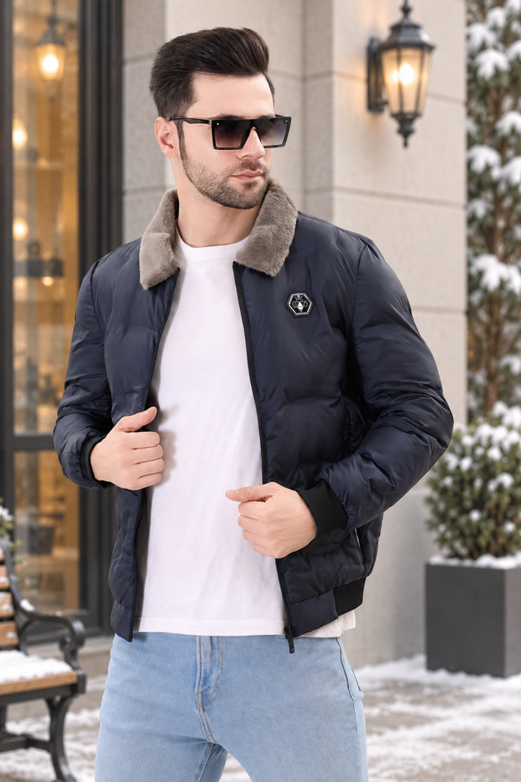 Navy Spread Collar Puffer Jacket for Mens